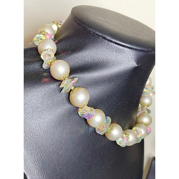 VENDOME Necklace AB Glass Bead Pearl Clear Gold Vtg Estate Jewelry Vintage N19 - Picture 4 of 9